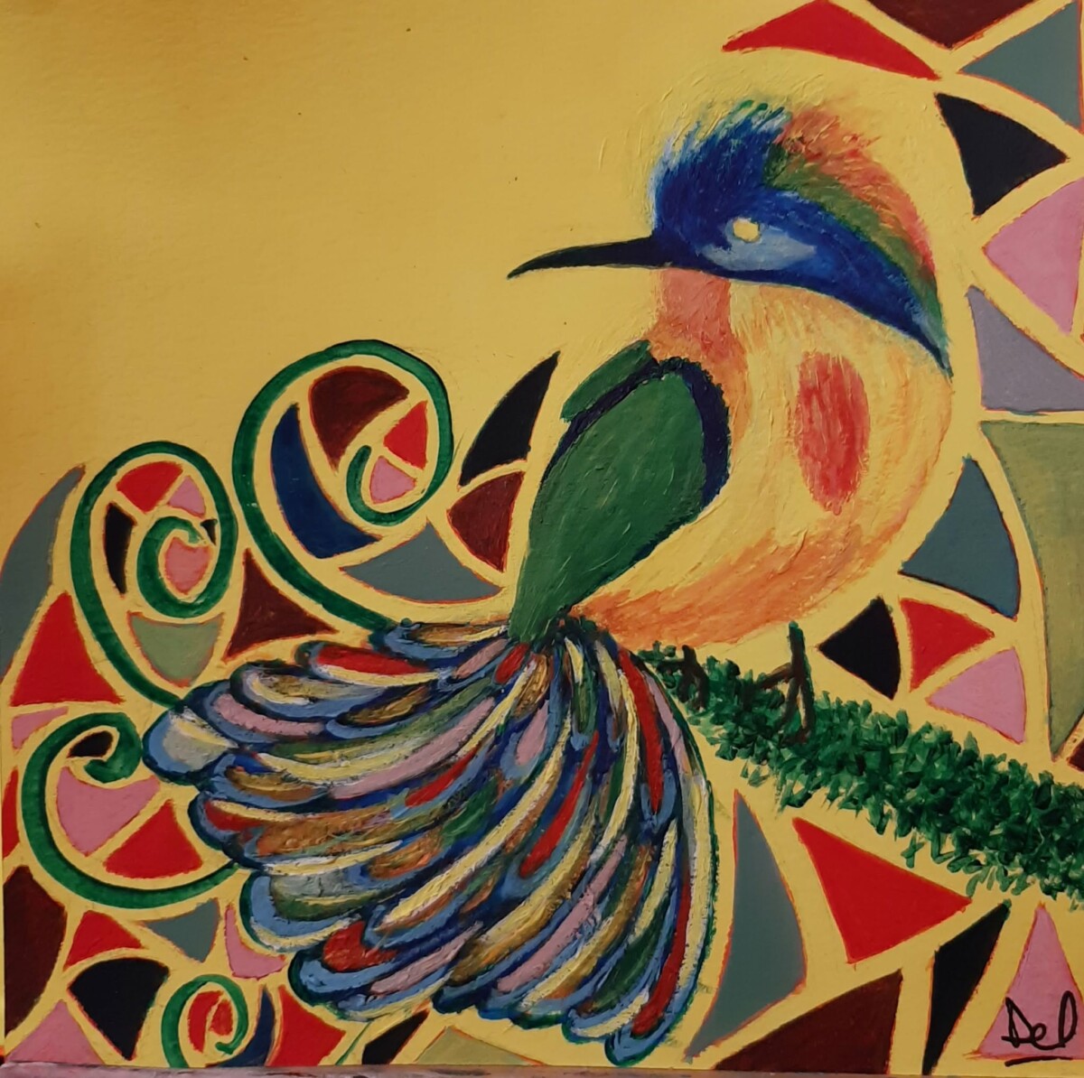 L'oiseau coloré et son écrin géométrique